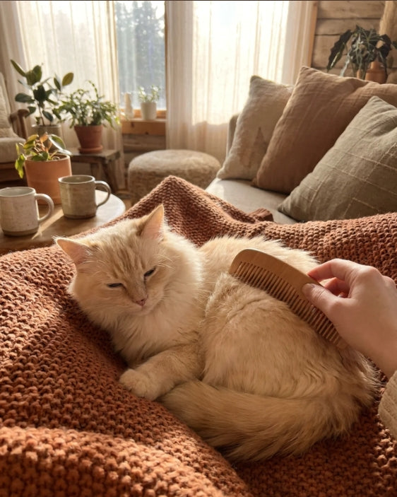 Chat crème brossé sur un plaid dans un salon chaleureux — collection Toilettage Koozy