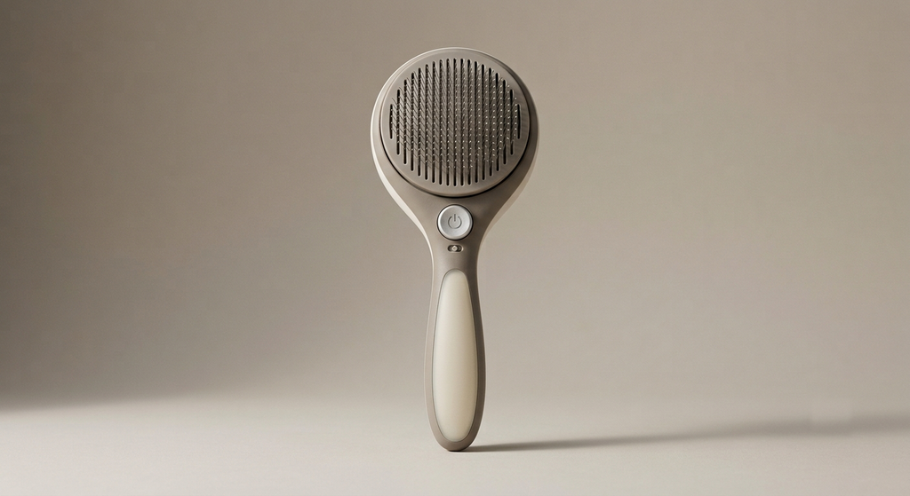 Brosse autonettoyante Koozy taupe et crème avec bouton rétractable, vue de face