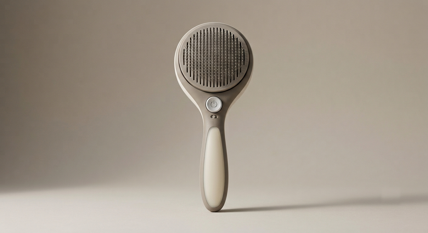 Brosse autonettoyante Koozy taupe et crème avec bouton rétractable, vue de face