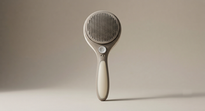 Brosse autonettoyante Koozy taupe et crème avec bouton rétractable, vue de face