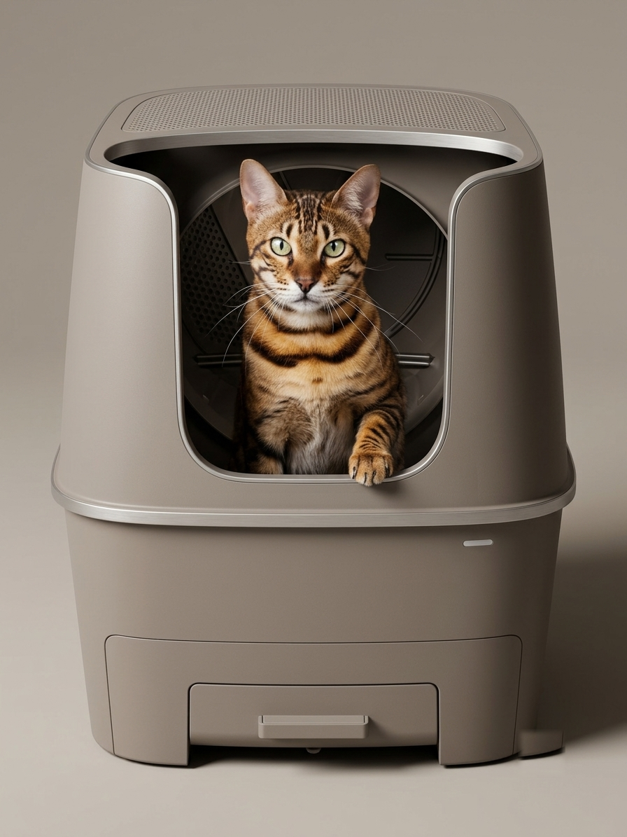 Litière automatique Koozy taupe avec chat assis à l'intérieur, vue de face