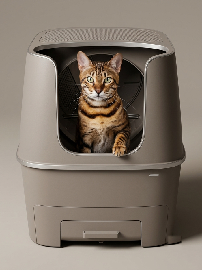 Litière automatique Koozy taupe avec chat assis à l'intérieur, vue de face
