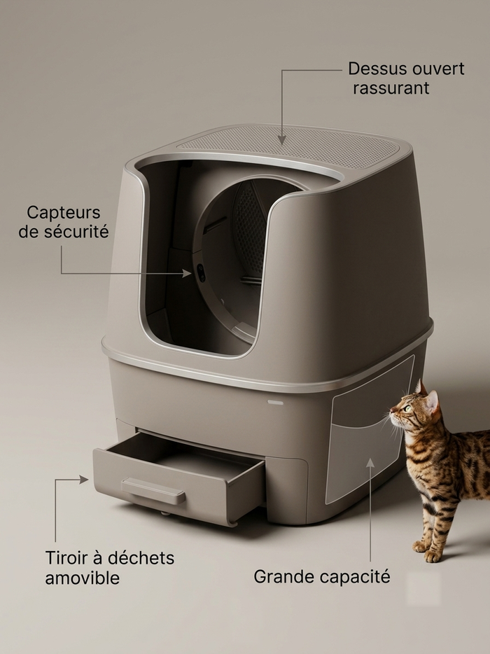 Caractéristiques de la litière Koozy : dessus ouvert rassurant, capteurs de sécurité, tiroir amovible, grande capacité