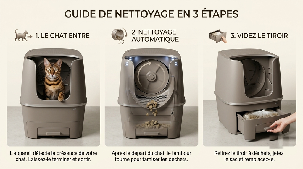 Guide de nettoyage en 3 étapes : le chat entre, nettoyage automatique, videz le tiroir