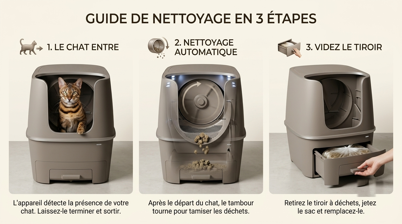 Guide de nettoyage en 3 étapes : le chat entre, nettoyage automatique, videz le tiroir