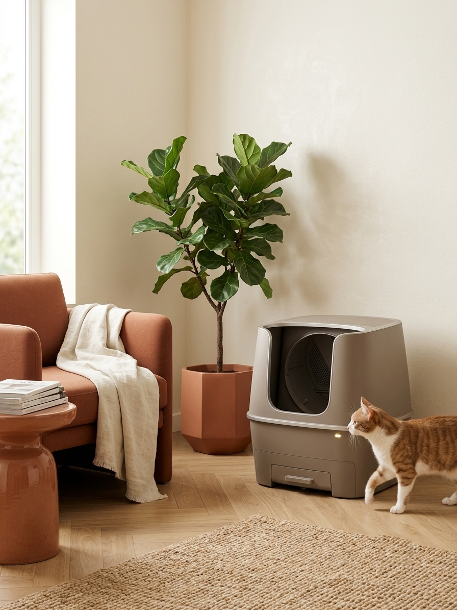 Litière automatique Koozy dans un salon lumineux avec chat roux — design pensé pour votre intérieur