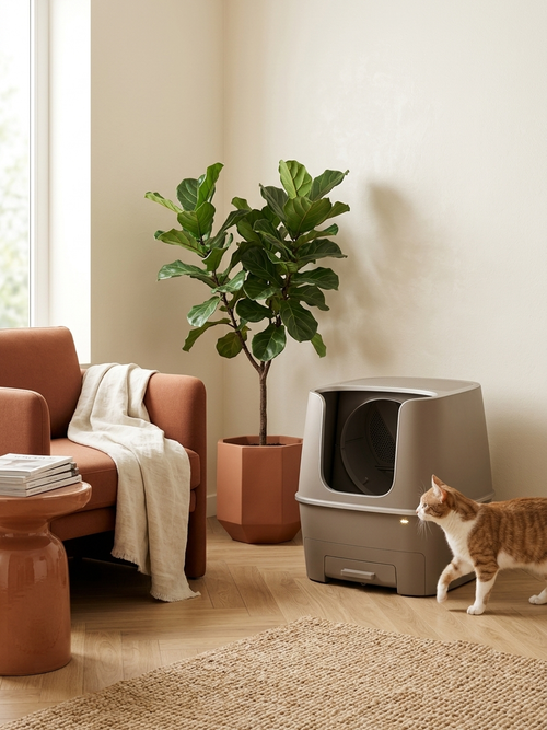 Litière automatique Koozy dans un salon lumineux avec chat roux — design pensé pour votre intérieur