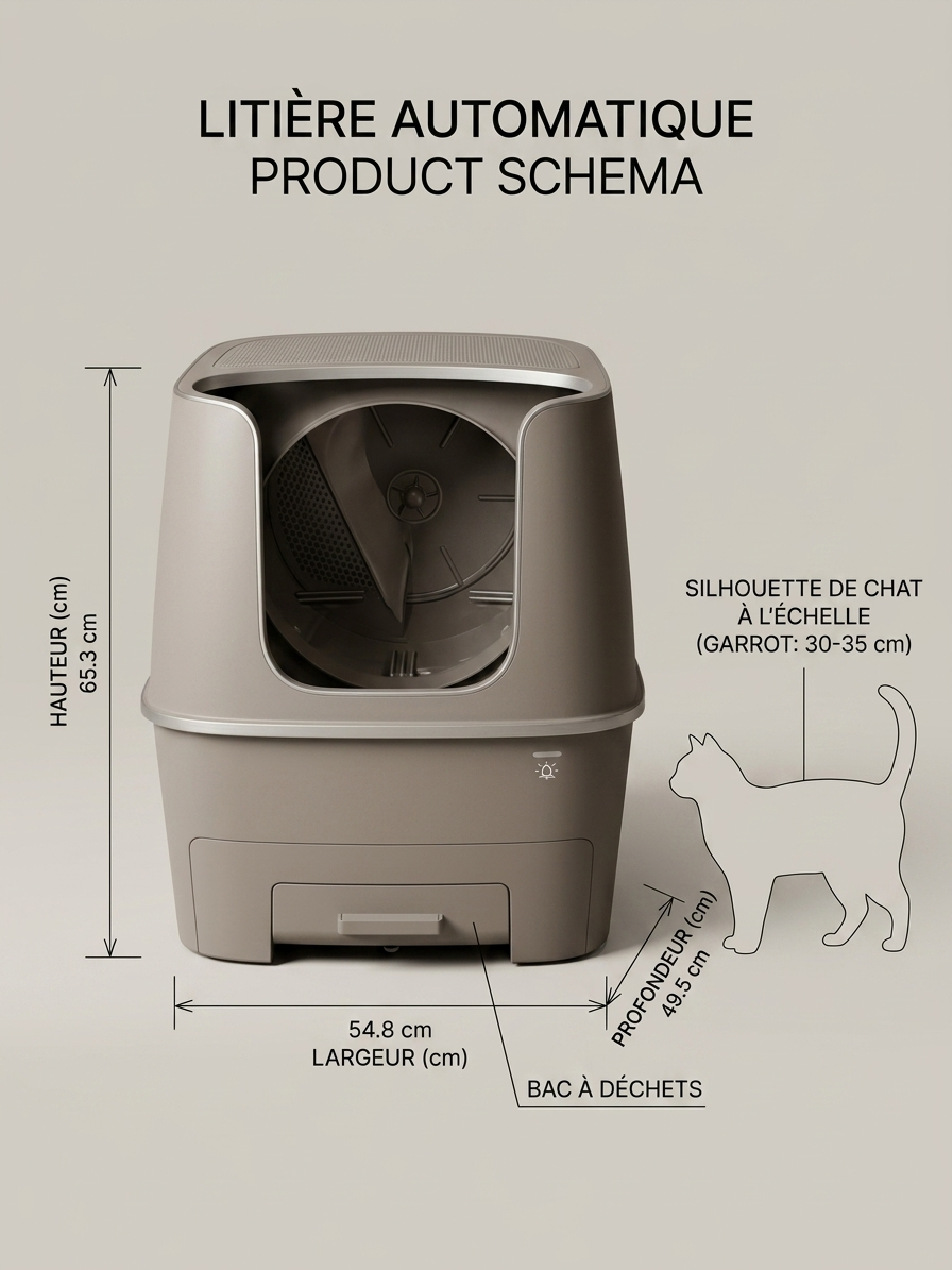 Dimensions de la litière automatique Koozy : 65,3 cm de hauteur, 54,8 cm de largeur, 49,5 cm de profondeur, avec silhouette de chat à l'échelle