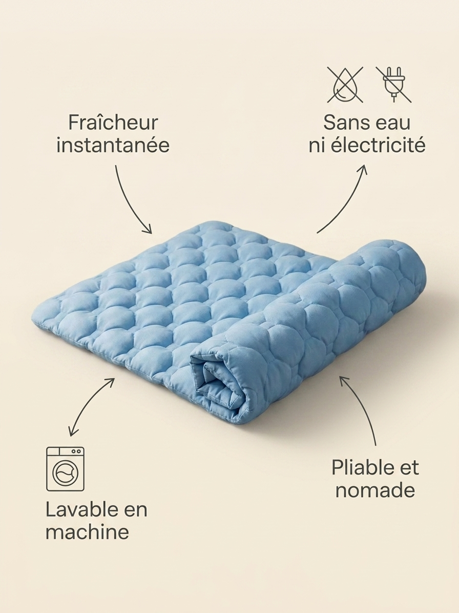Tapis rafraîchissant Koozy : fraîcheur instantanée, sans eau ni électricité, lavable en machine, pliable et nomade