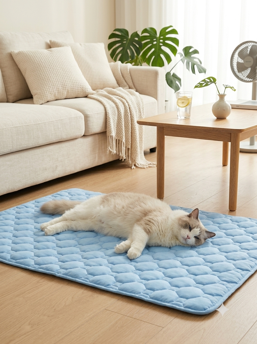 Chat ragdoll allongé sur le tapis rafraîchissant Koozy bleu dans un salon lumineux