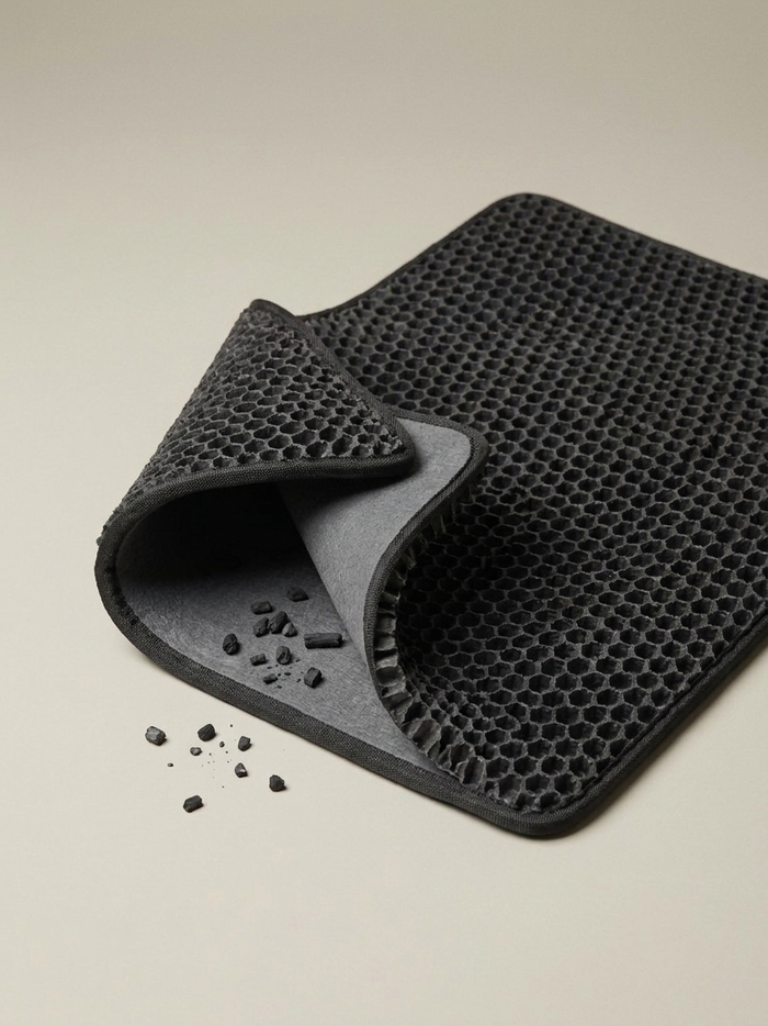 Tapis de litière double couche Koozy noir, coin replié montrant les grains piégés