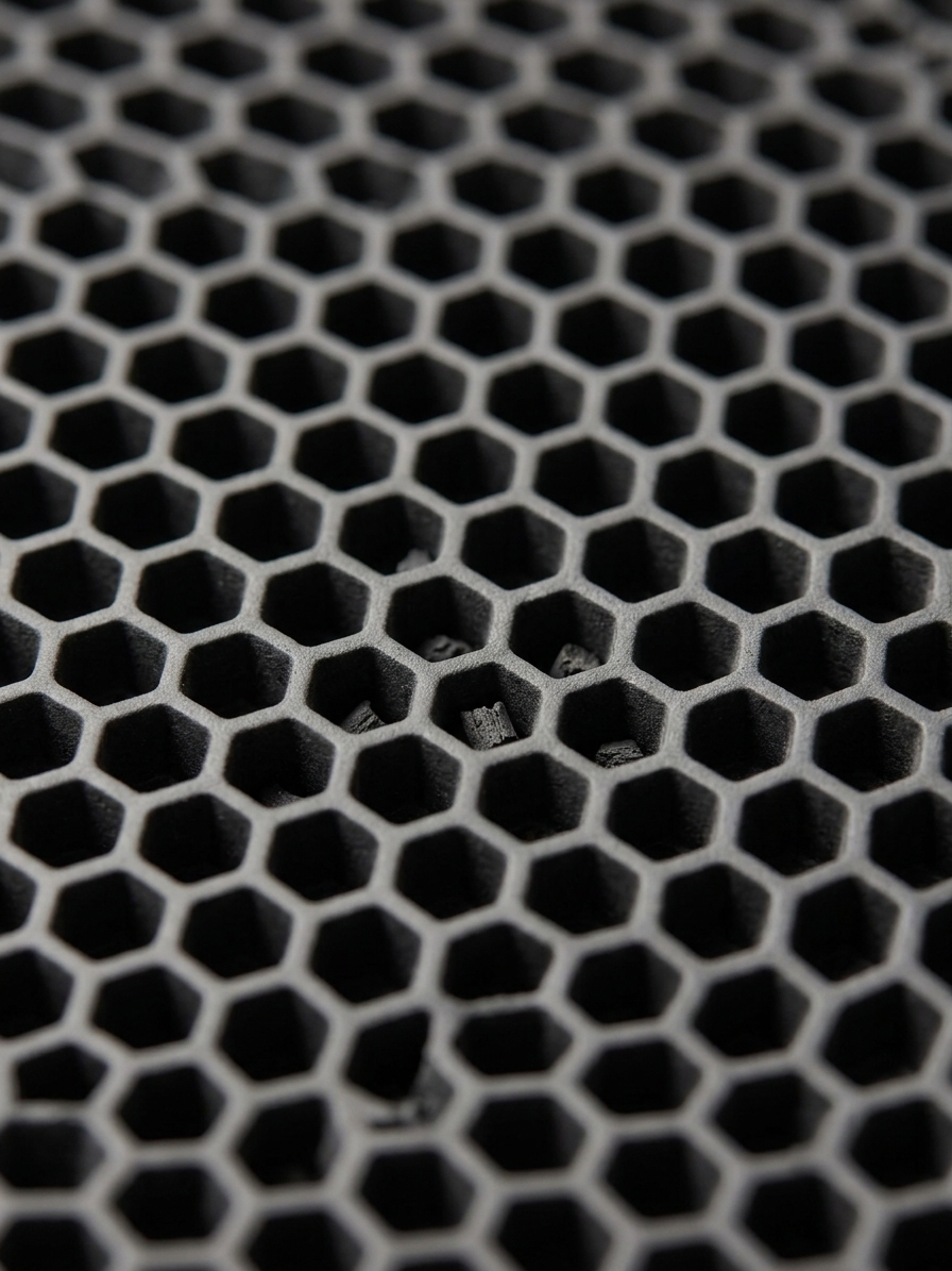 Gros plan des alvéoles du tapis de litière Koozy avec grains capturés