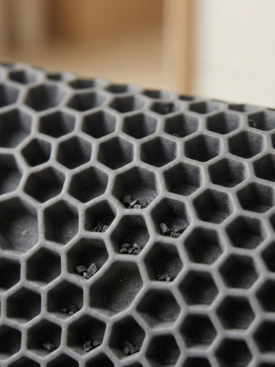 Gros plan net des alvéoles du tapis de litière Koozy avec grains capturés
